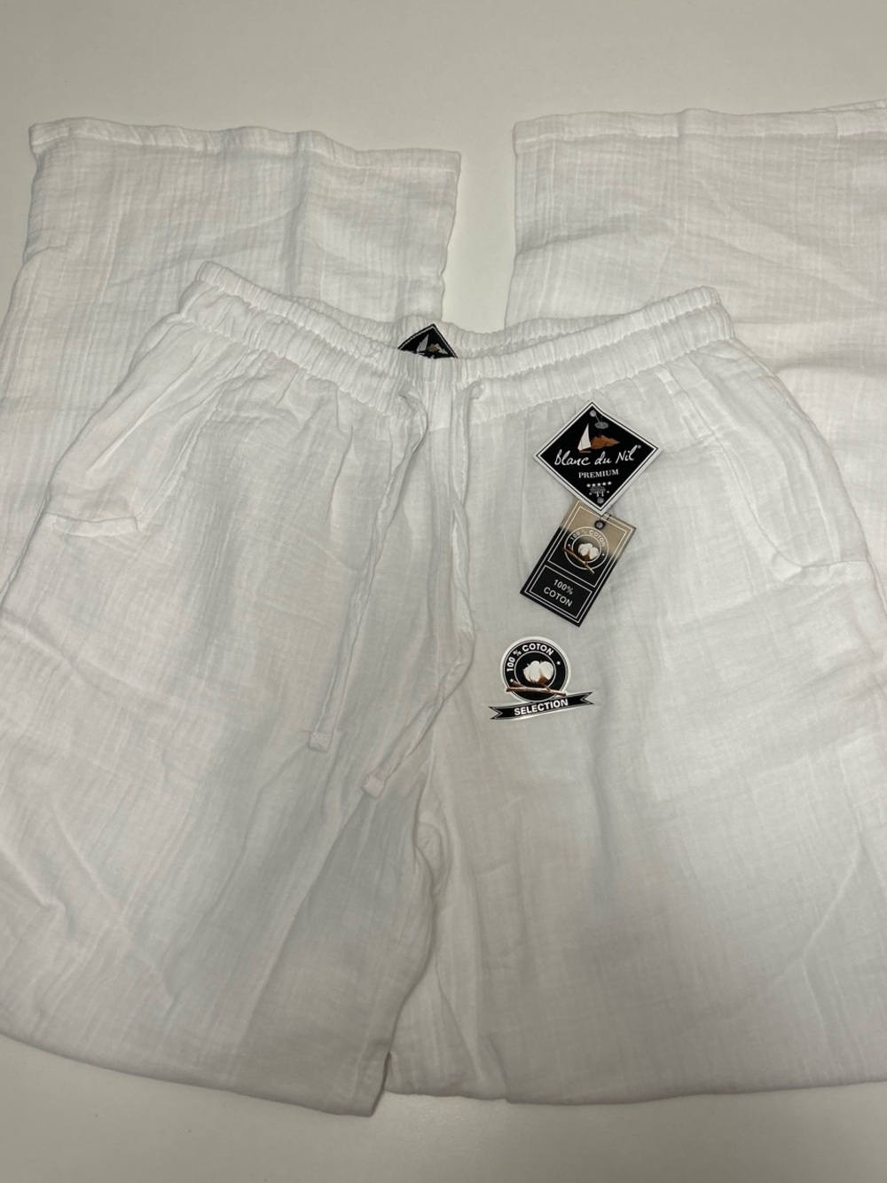 White summer cotton Gauze pants wide leg elastic waistband and pockets Small NWT